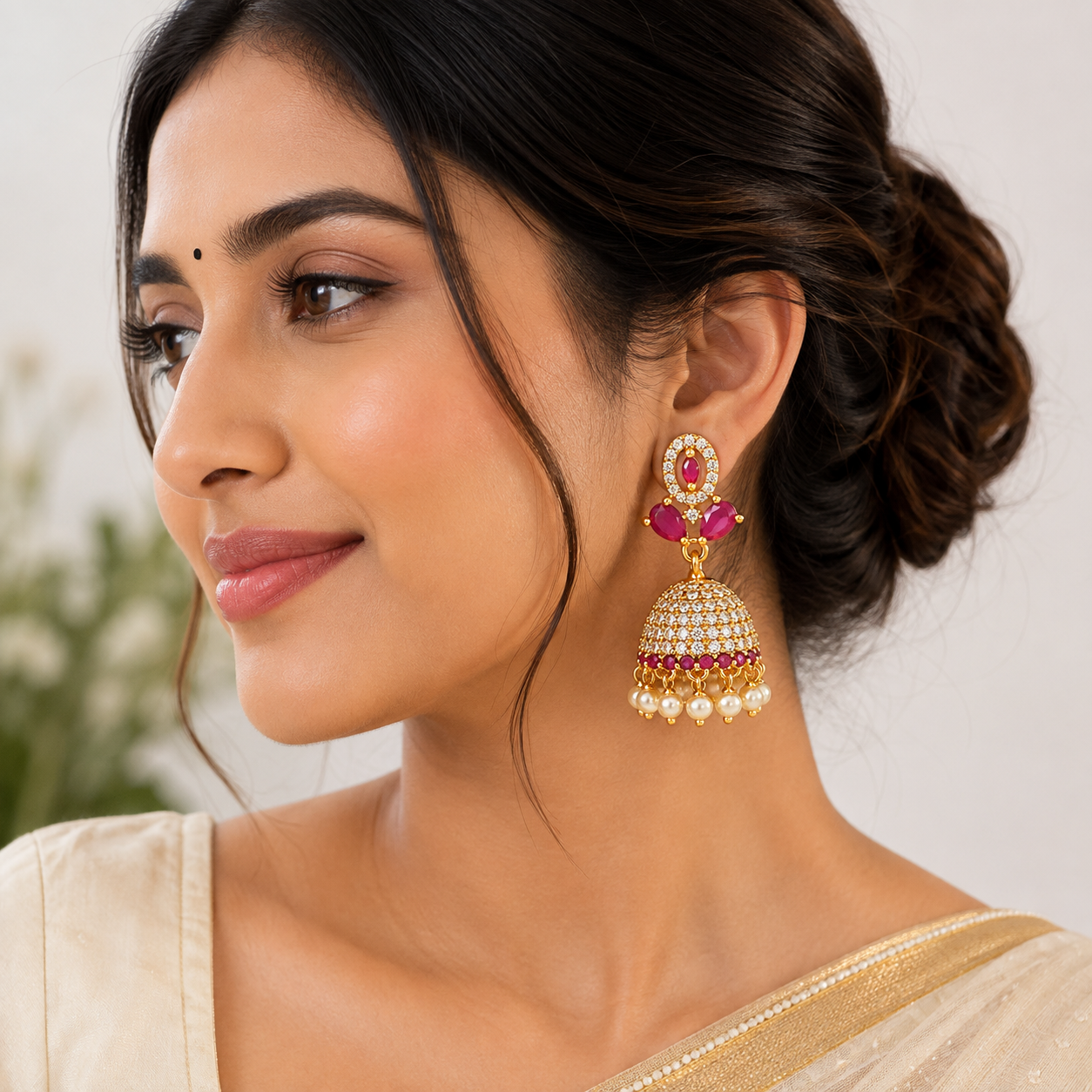 Ruby Pink Stone Gold-Plated Jhumka Earrings